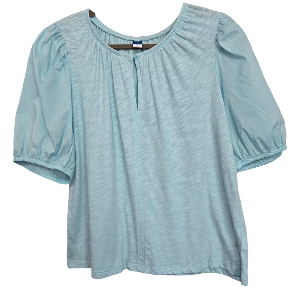 Old Navy Cute Casual Womens M Blue Cotton Slub Knit Puff Sleeve Keyhole Top